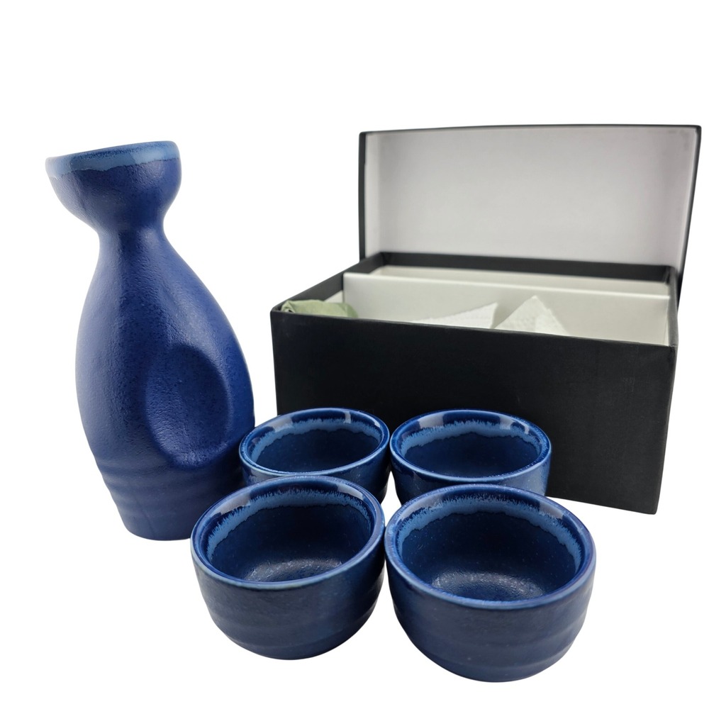 Kotobuki Sake Set‎ 5 Piece Blue Matte Crystal Made in Japan Excellent Ceramic
